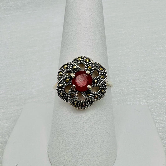 S925 Red Marcasite Ring