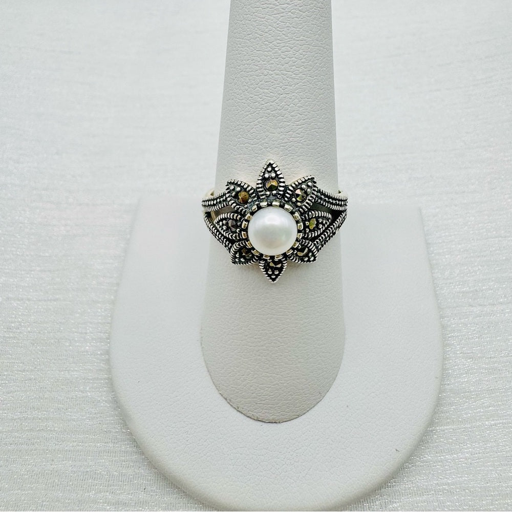 S925 Marcasite Pearl Ring