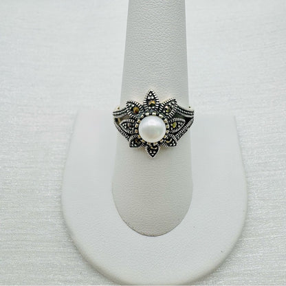 S925 Marcasite Pearl Ring