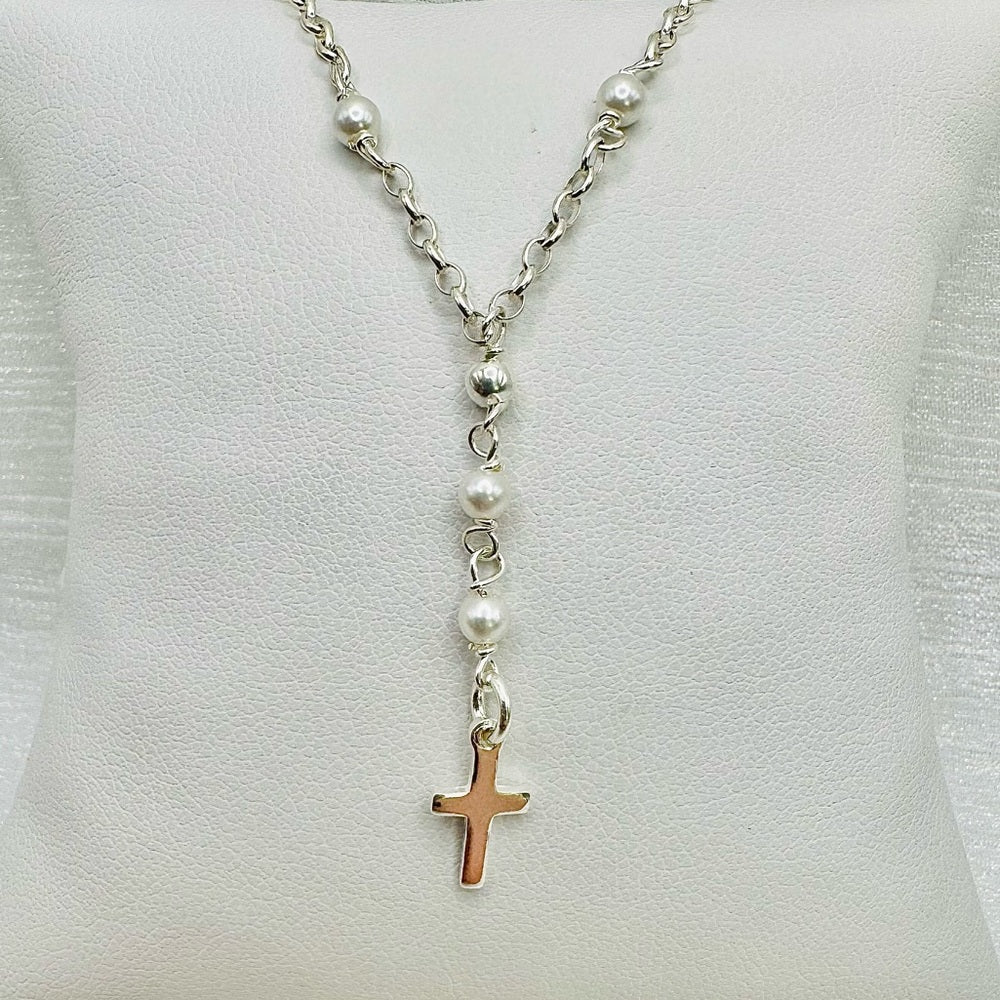 Sterling Silver Pearl Rosary Necklace