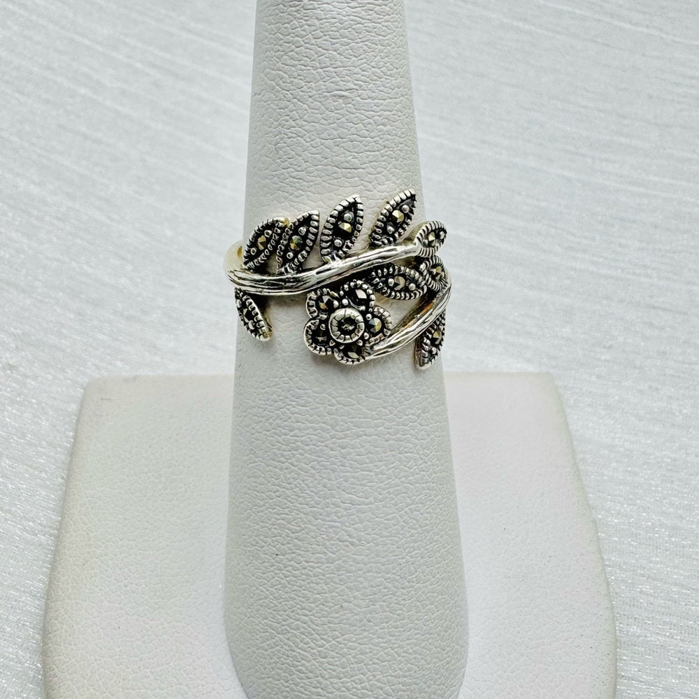 S925 Marcasite Leaf & Flower Ring