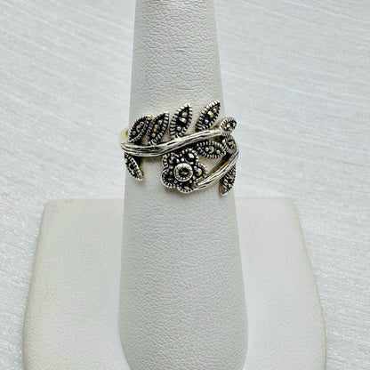 S925 Marcasite Leaf & Flower Ring