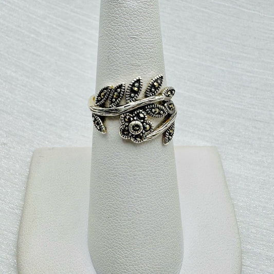 S925 Marcasite Leaf & Flower Ring