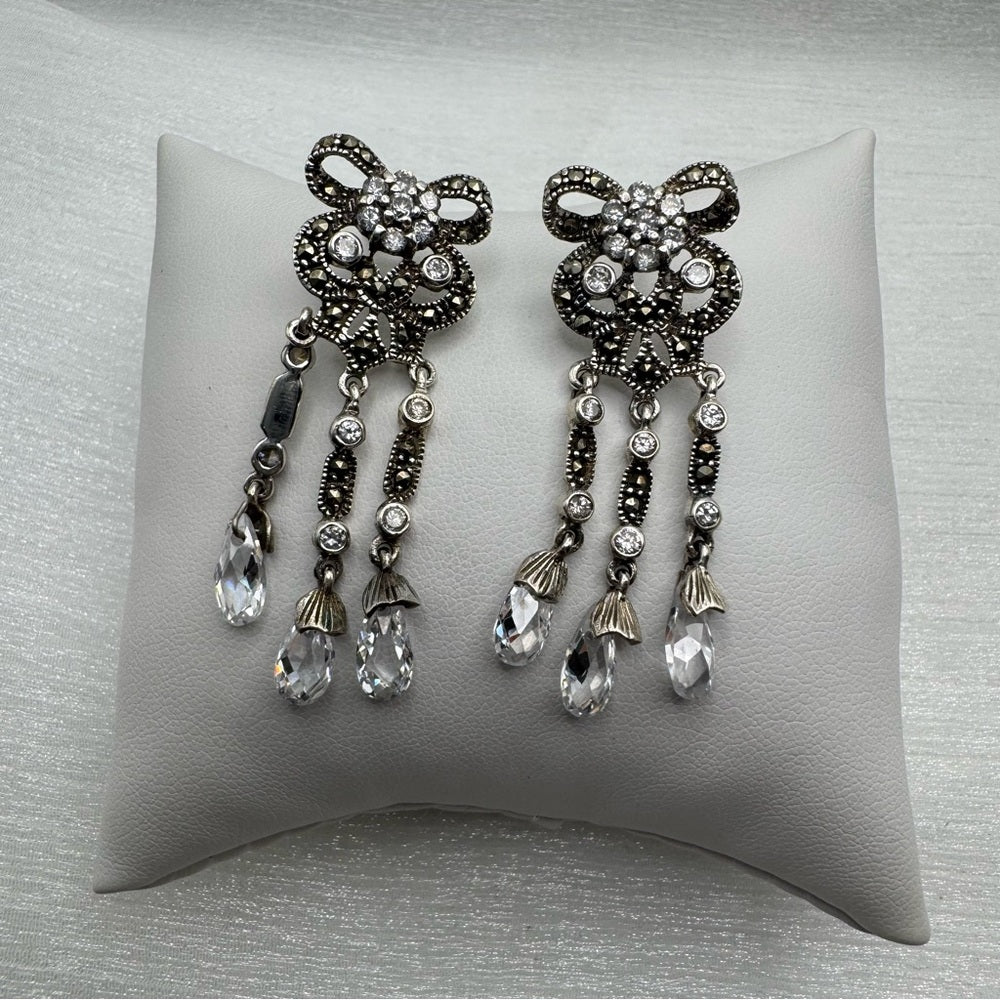 S925 Marcasite & Swarovski Crystal Bow Dangle Earrings