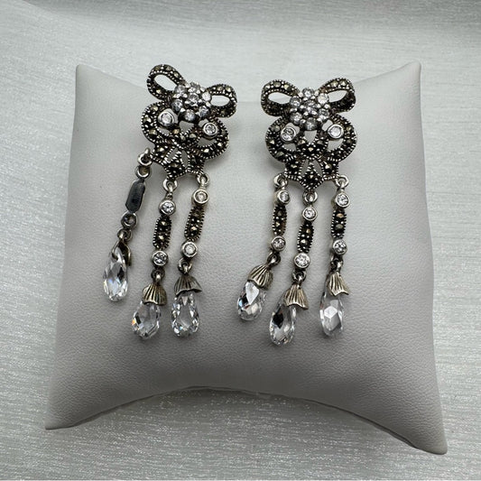 S925 Marcasite & Swarovski Crystal Bow Dangle Earrings