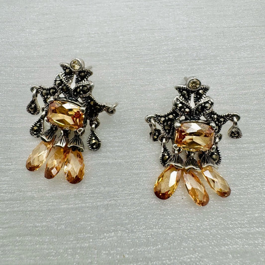 S925 Marcasite & Swarovski Peach Crystal Chandelier Dangle Earrings