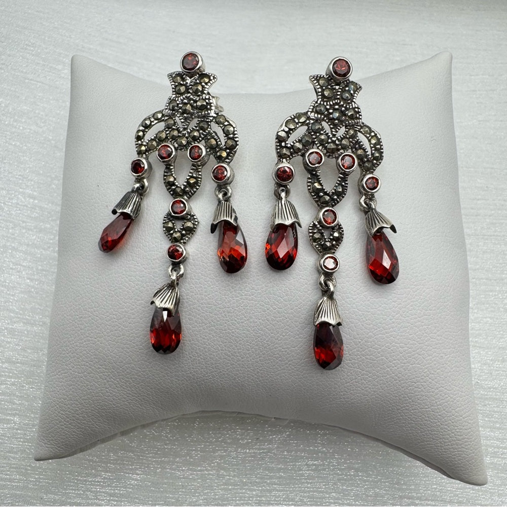 S925 Marcasite & Swarovski Red Crystal Chandelier Dangle Earrings