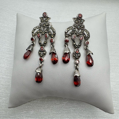 S925 Marcasite & Swarovski Red Crystal Chandelier Dangle Earrings