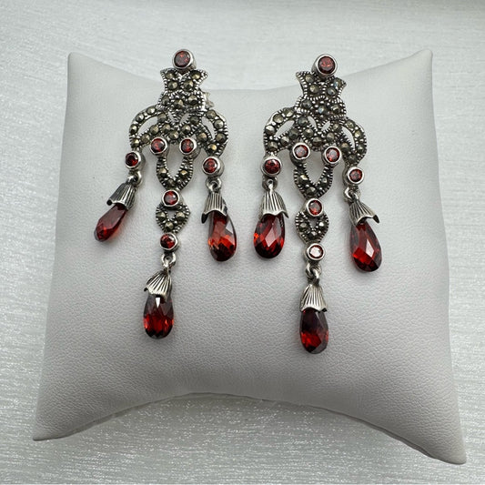 S925 Marcasite & Swarovski Red Crystal Chandelier Dangle Earrings
