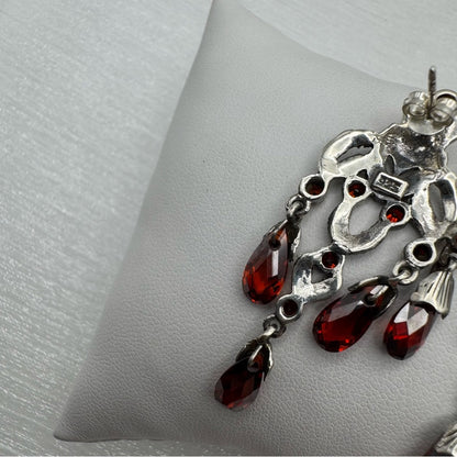 S925 Marcasite & Swarovski Red Crystal Chandelier Dangle Earrings