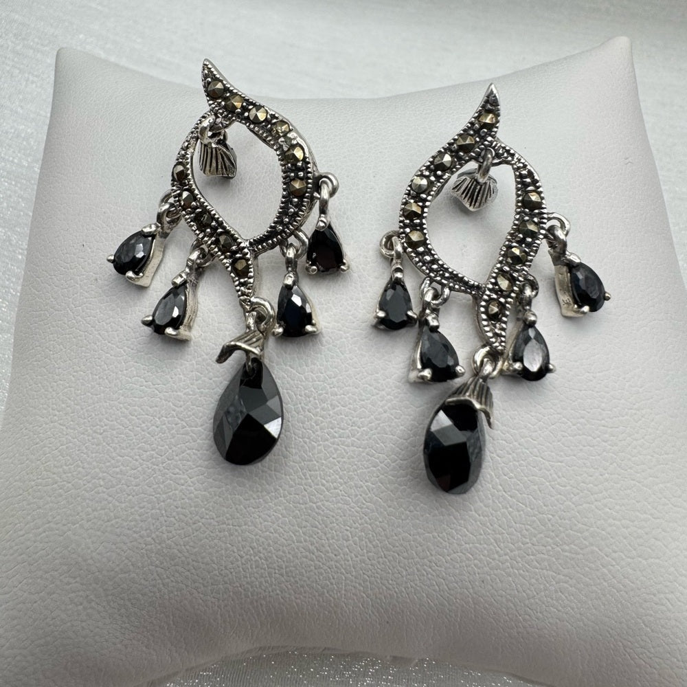 S925 Marcasite & Swarovski Black Crystal Chandelier Dangle Earrings