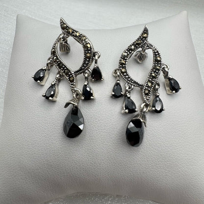 S925 Marcasite & Swarovski Black Crystal Chandelier Dangle Earrings