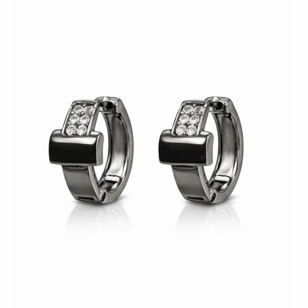 Rhodium Plated Pavé Black Enamel Huggies