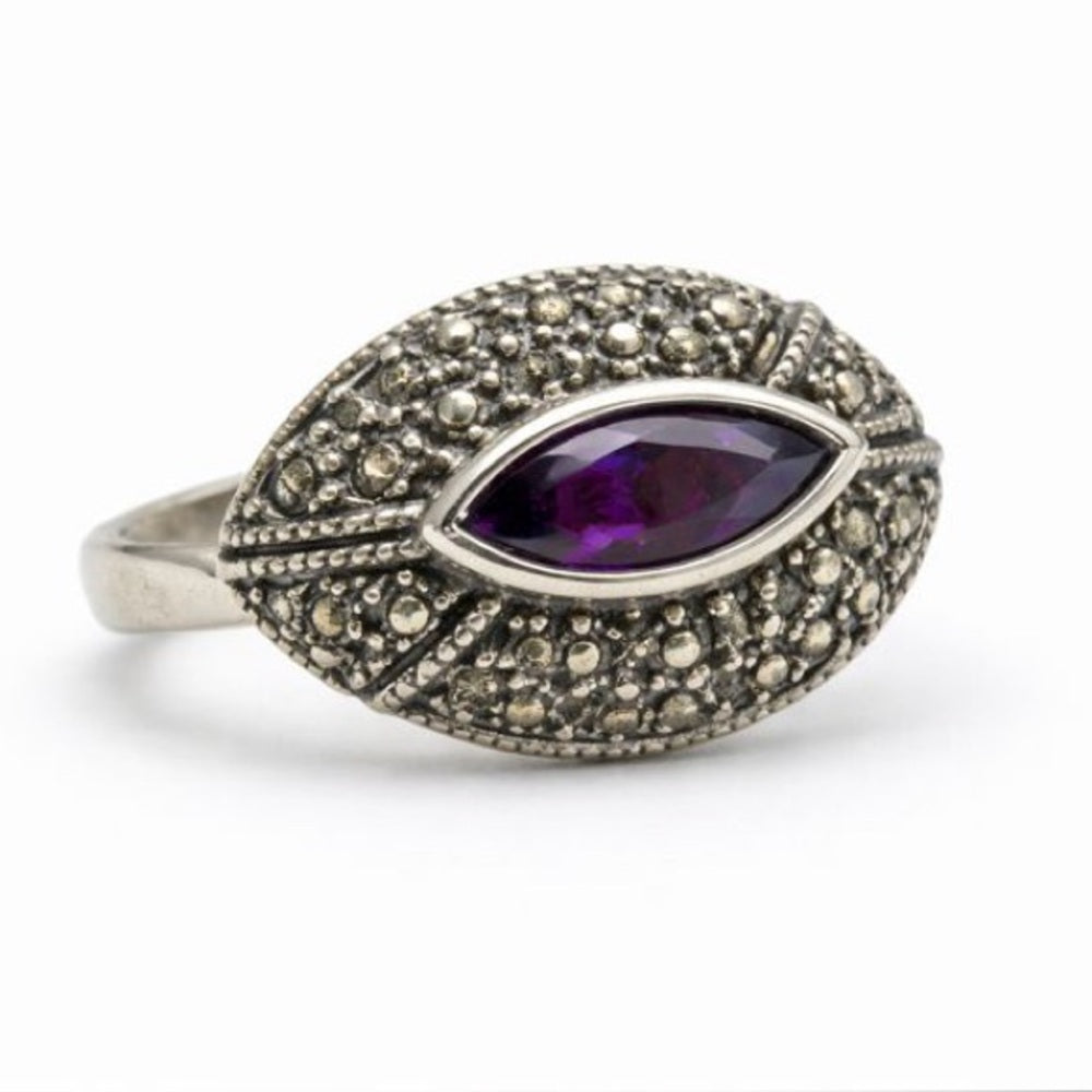 Amethyst Purple Crystal & Marcasite Pavé Ring