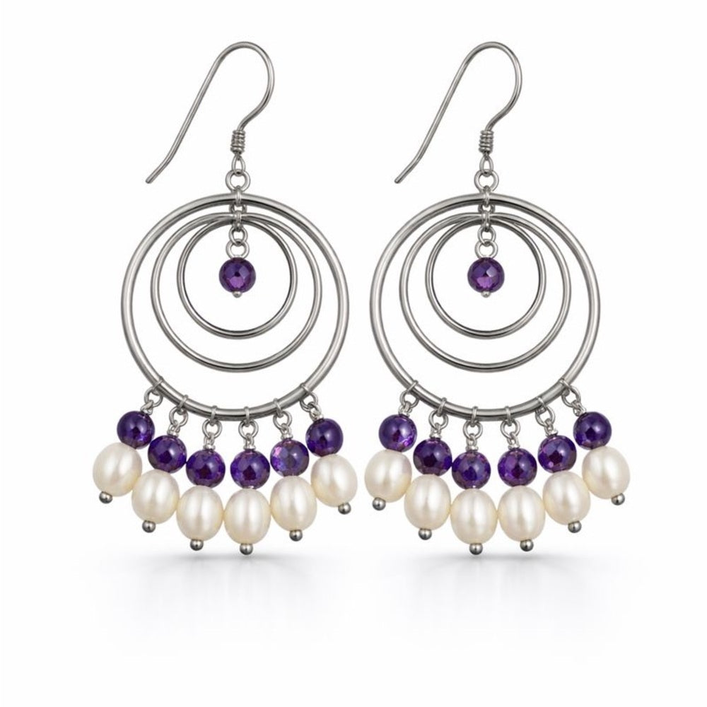 Freshwater Pearl and Amethyst Gemstone Dangle Earrings