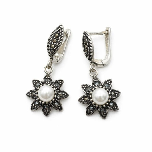 S925 Marcasite Pearl Flower Earrings