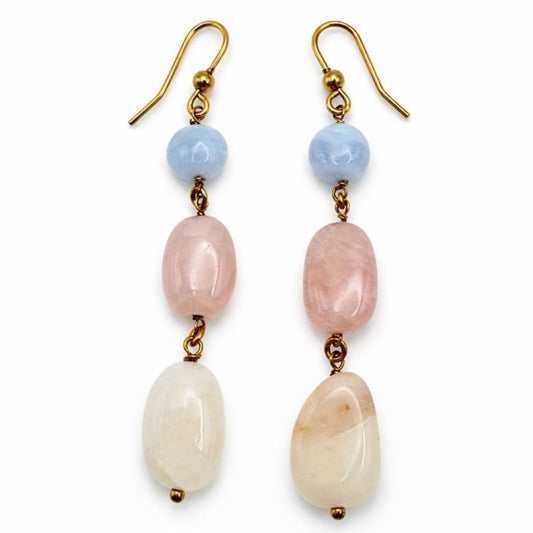 S925 Blue Lace Agate, Rose Quartz, and Clear Quartz Dangle Earrings