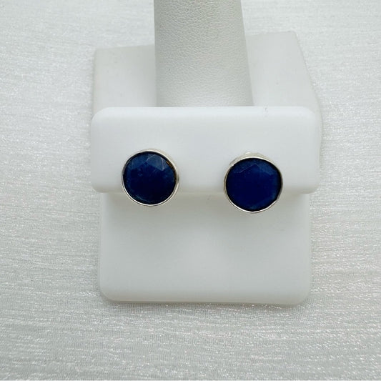 S925 Round Faceted Lapis Stud Earrings