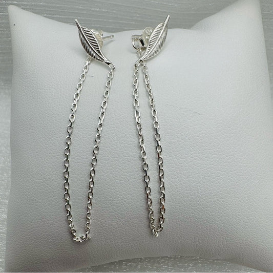 S925 Leaf Chain Connecting Stud Earrings
