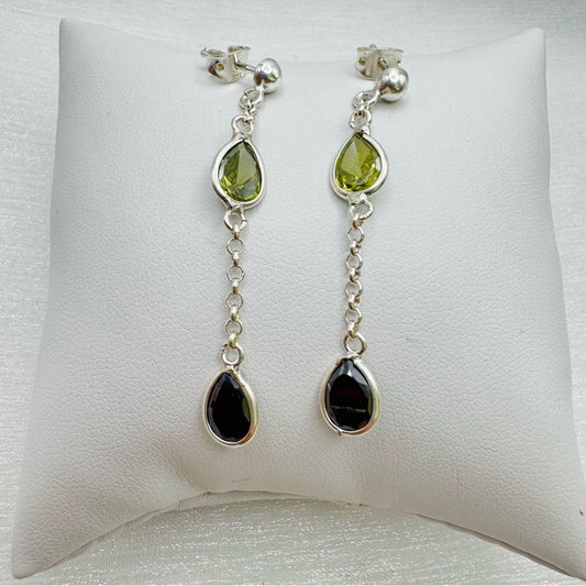 S925 Teardrop Peridot and Black Onyx Dangle Stud Earrings
