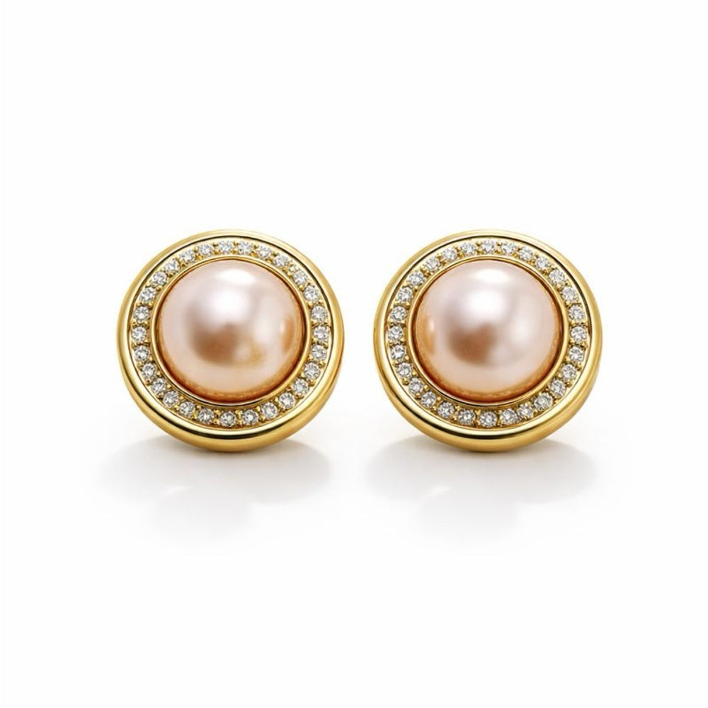 Pearl Stud Earrings with White Studded Setting