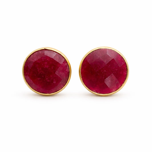 S925 Gold Round Faceted Ruby Colored Stud Earrings