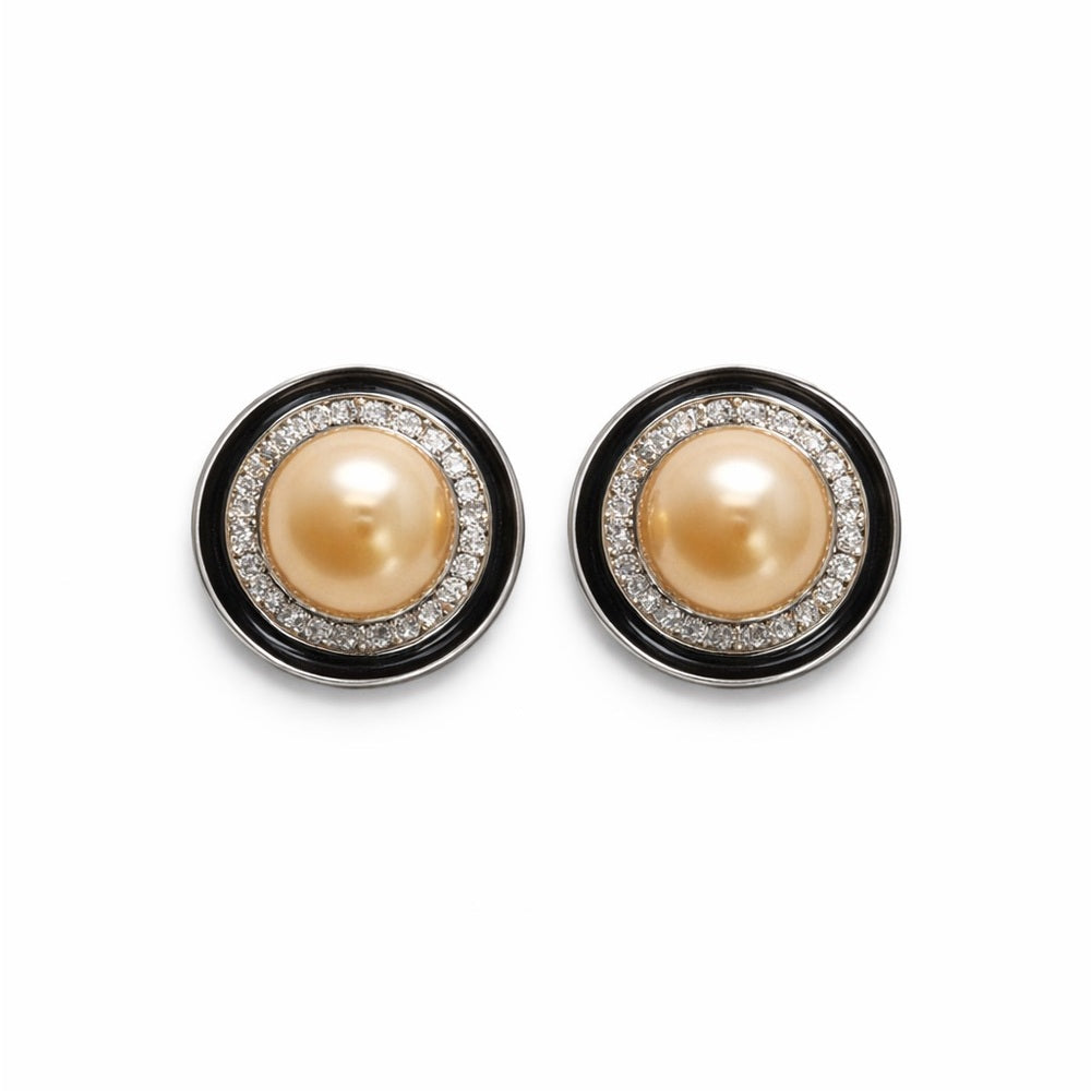 Pearl Stud Earrings with Black Studded Setting