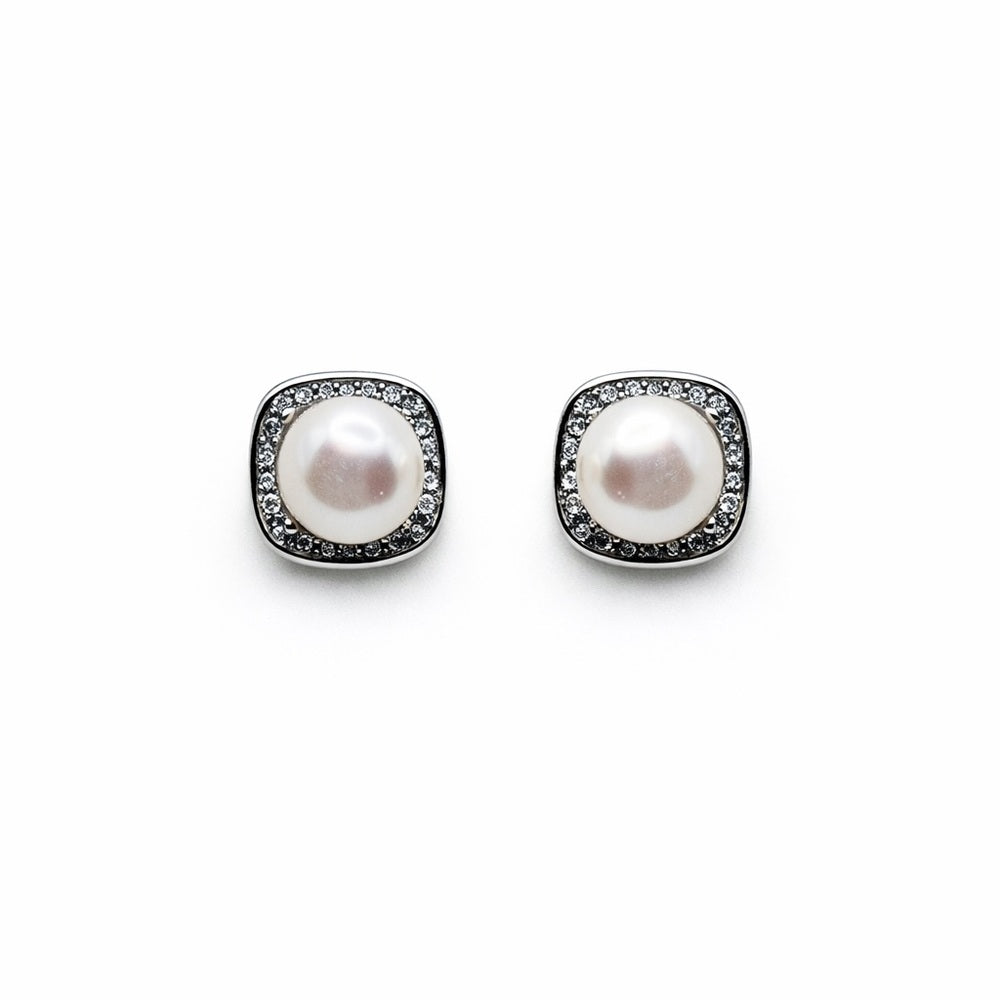 Pearl Stud Earrings with Square Setting