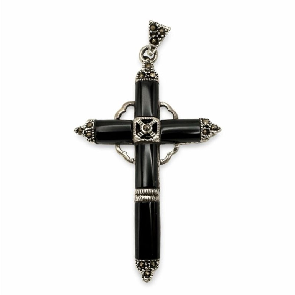 Black Onyx Silver Detail Cross Pendant