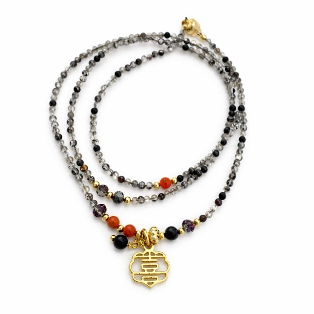 Black Tourmaline & Rutile Quartz Adustable Necklace