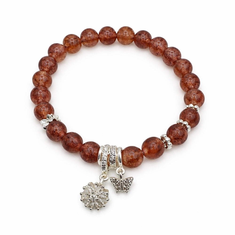 Strawberry Quartz Gemstone Flower/Beutterfly Charm Stretchy Bracelet