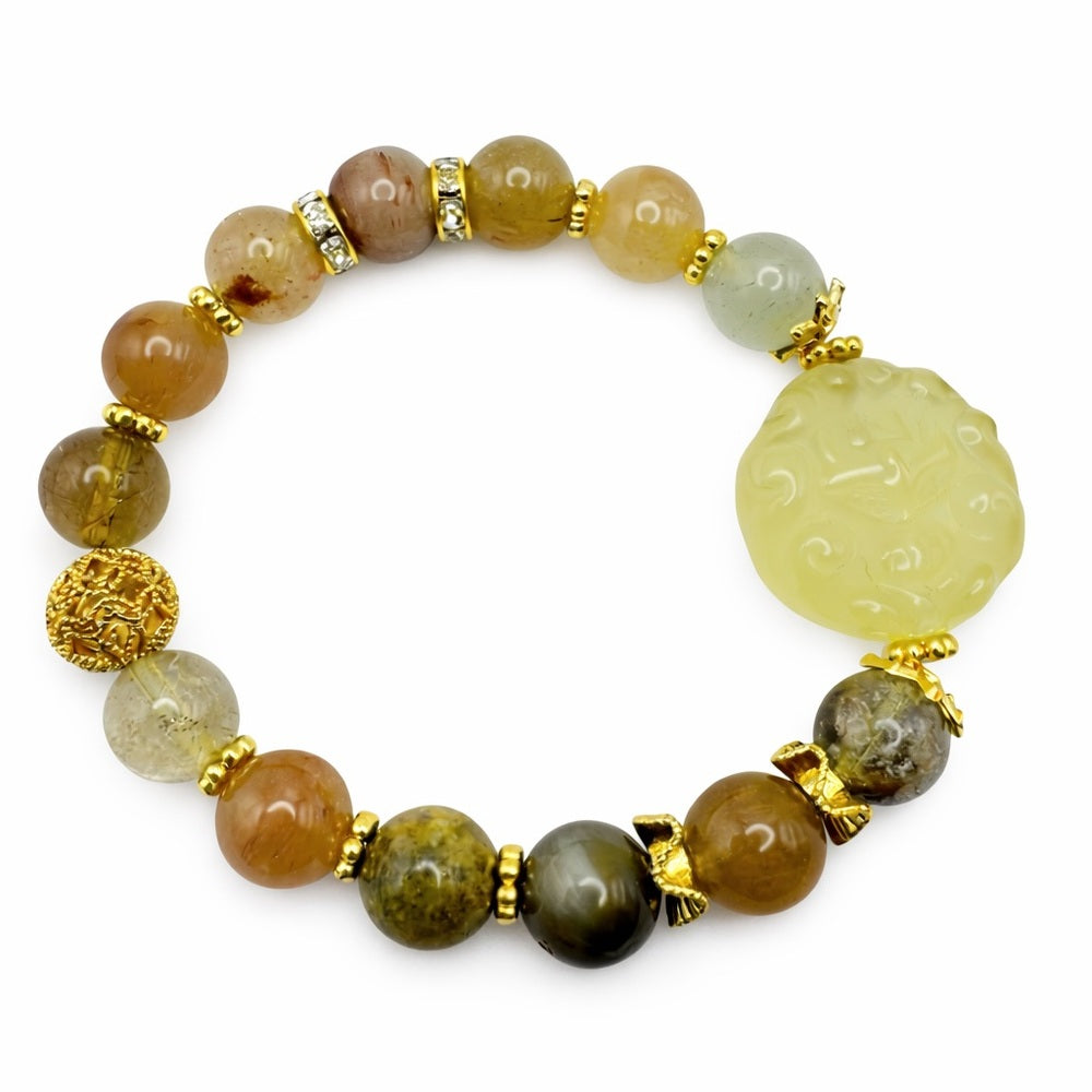 Garden Quartz & Lemon Quartz Carved Pendant Stretchy Bracelet