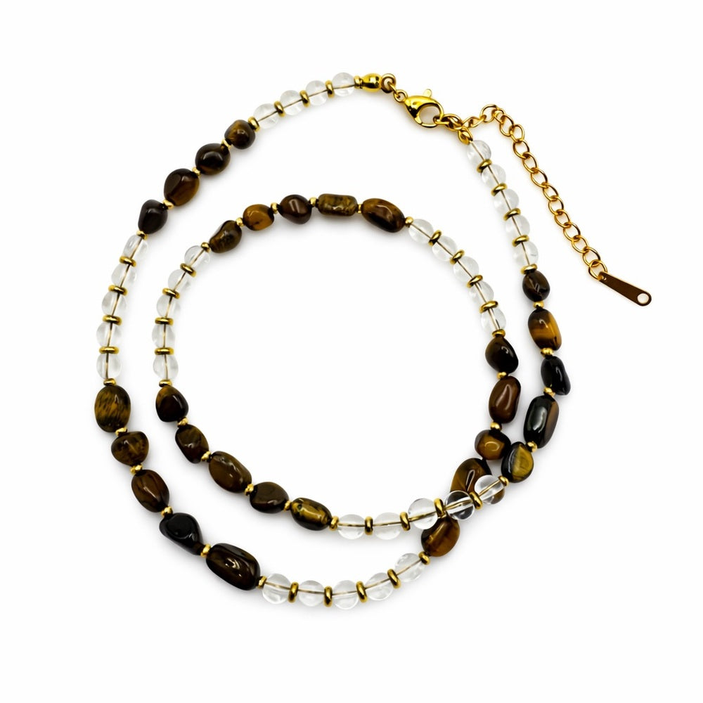 Tigers Eye & Clear Quartz Beaded Necklace Style #18