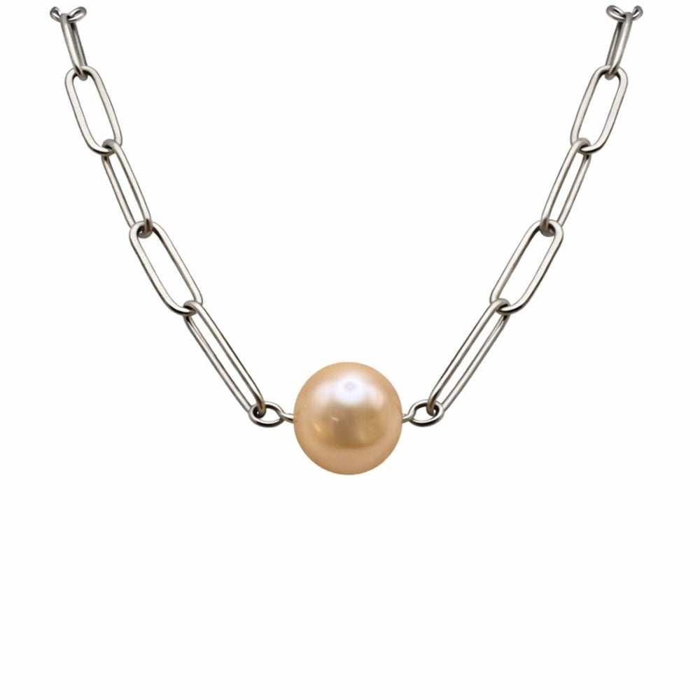 Golden Freshwater Pearl Large Paper Clip Chain Necklace
