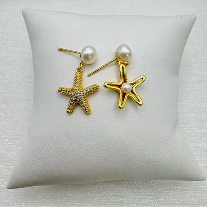 S925 Gold Asymmetrical Starfish Earrings