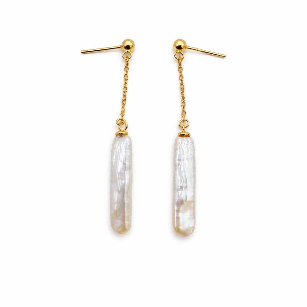 S925 Gold Plated Chopstick Pearl Dangle Earrings