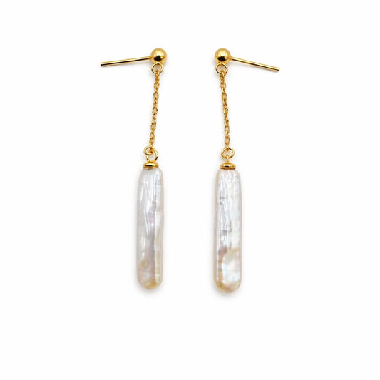 S925 Gold Plated Chopstick Pearl Dangle Earrings