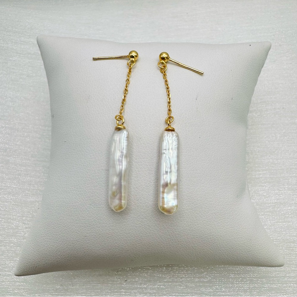 S925 Gold Plated Chopstick Pearl Dangle Earrings