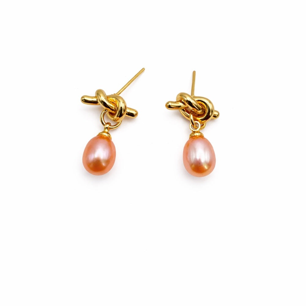 S925 Gold Plated Knot and Pink Freshwater Pearl Drop Earrings