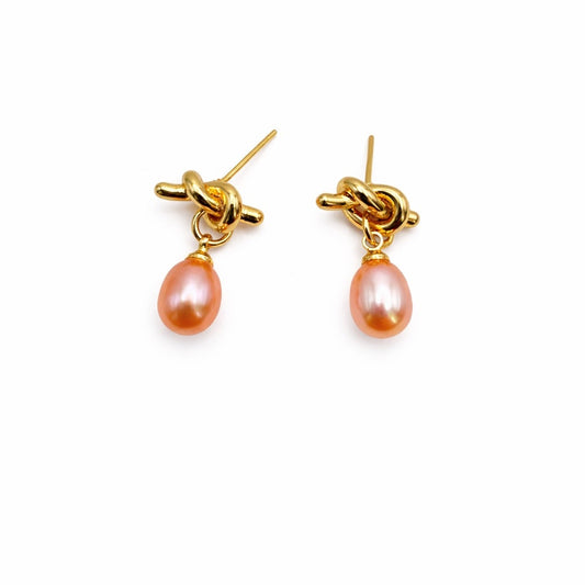 S925 Gold Plated Knot and Pink Freshwater Pearl Drop Earrings