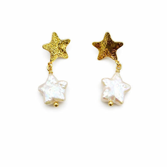 S925 Gold Plated Star Freshwater Pearl Dangle Earrings