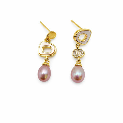 S925 Gold Plated Asymmetrical Pearl and Shell Dangle Earrings