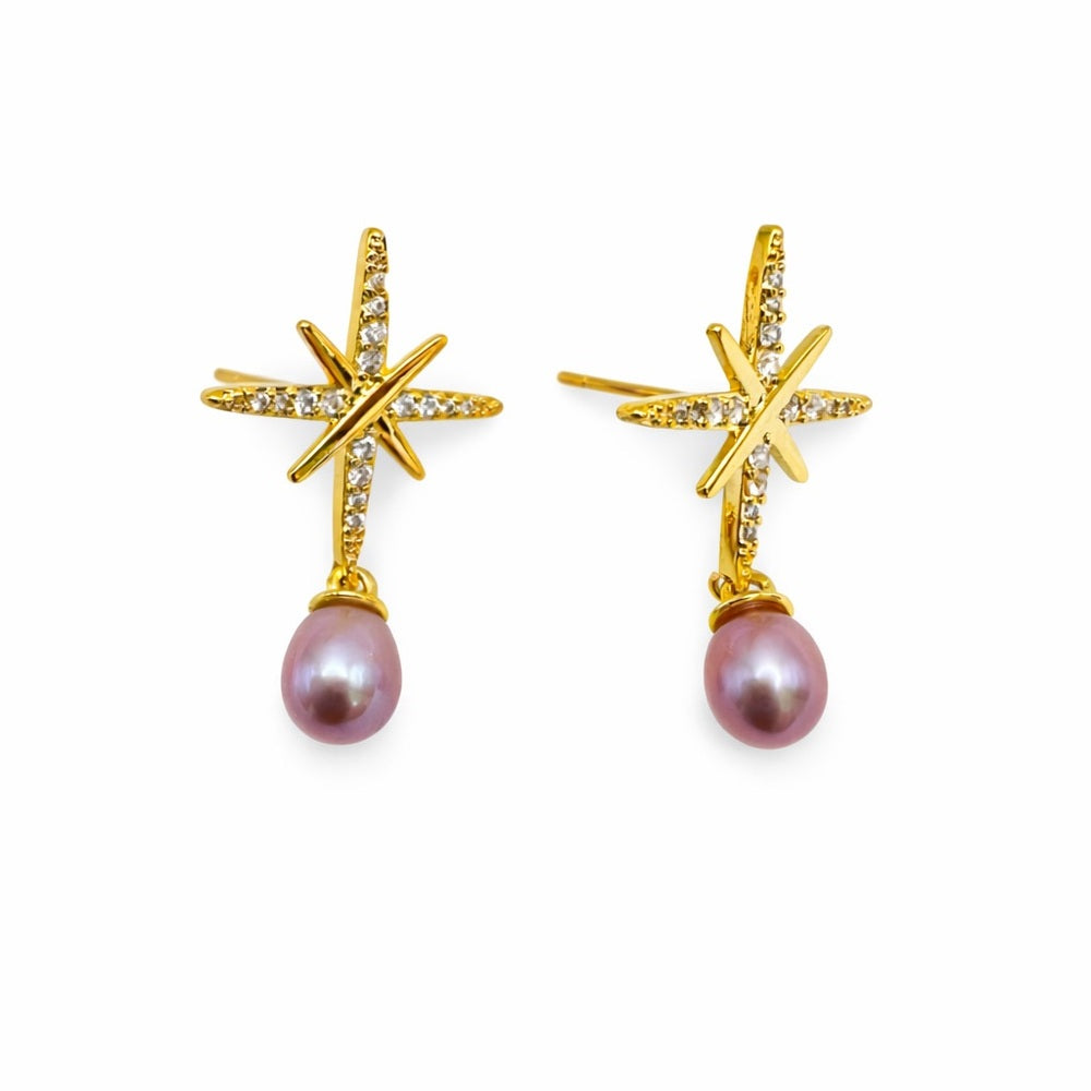 Freshwater Pearl and Crystal Star Dangle Earrings
