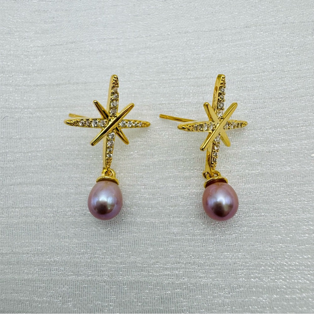 Freshwater Pearl and Crystal Star Dangle Earrings