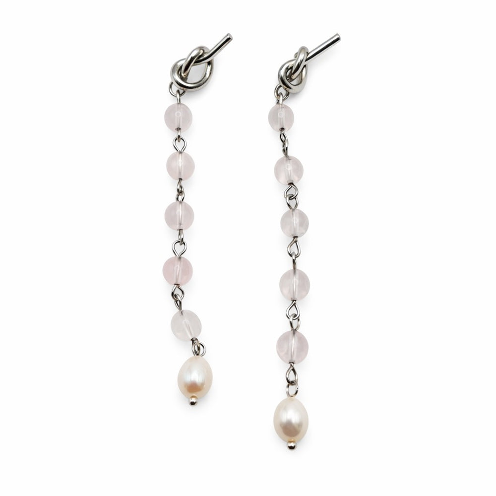 S925 Knot Dangle Rose Quartz & Pearl Earrings