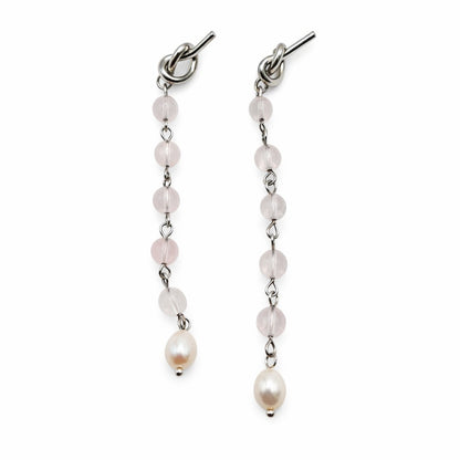 S925 Knot Dangle Rose Quartz & Pearl Earrings