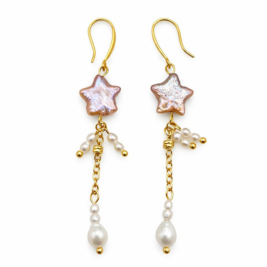 S925 Gold Plated Pink Star Freshwater Pearl Dangle Earrings