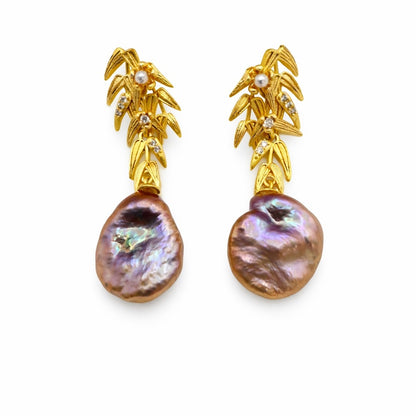 S925 Gold Plated Leaves Crystal & Freshwater Pearl Dangle Earrings