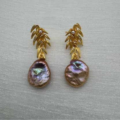 S925 Gold Plated Leaves Crystal & Freshwater Pearl Dangle Earrings