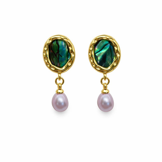 S925 Gold Plated Abalone & Freshwater Pearl Dangle Earrings